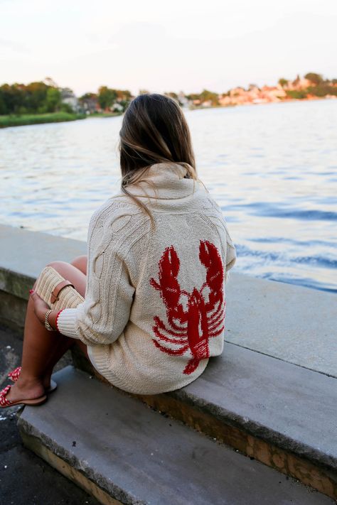 Crochet Lobster Pattern, Maine Vacation Outfits, New England Summer Style, Lobster Knitting Pattern, Lobster Outfit, Seashell Sweater, Lobster Knit Sweater, Lighthouse Sweater, Lobster Sweater