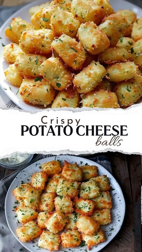 Crispy Potato Cheese Balls Ingredients: 3 potatoes 1 tablespoon salt 100 grams Cheddar Cheese, grated 50-100 grams starch (adjust to desired consistency) 1/4 teaspoon sugar Parsley, chopped for garnish #CrunchyComfort #PotatoSnacks #CheeseLovers #FoodieFinds #SavorySatisfaction Potato Cheese Balls, Potato Cheese, Potato Snacks, Potato Recipes Side Dishes, Cheese Balls, Potato Side Dishes, Potato Dishes, Croquettes, Side Recipes