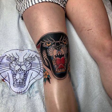 Old School Traditional Tattoos on Instagram: “Old school knee tattoo by @jon.aubry 🤩 - Tag, like, share 🙏 . . . . #oldschooltattz #oldschooltattoo #traditionaltattoos…” Knee Panther Tattoo, Old School Knee Tattoo, Traditional Knee Tattoo, Traditional Tattoo Knee, Knee Tattoo Ideas, Cat Face Tattoos, Traditional Panther Tattoo, Tattoo Knee, Old School Traditional