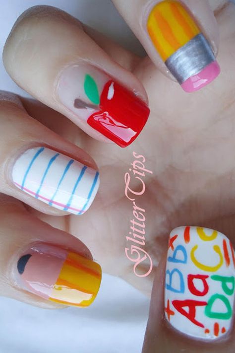 Teacher Nails, School Nail Art, Natural Nail Art, Back To School Nails, Colorful Nail, School Nails, Best Nail Art Designs, Nails For Kids, Cute Nail Art