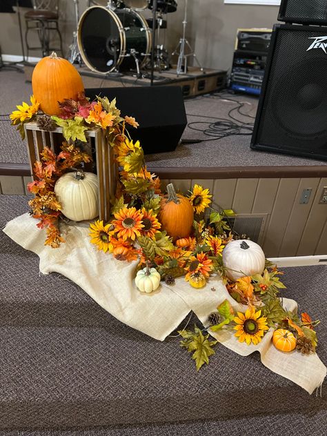 Fall Retreat Decorations, Fall Decorations For Church Stage, Thanksgiving Altar Decorations, Thanksgiving Stage Decor, Fall Festival Booth Ideas For Church, Thanksgiving Display Ideas, Harvest Church Decorations, Fall Stage Decor, Fall Decor For Church Sanctuary