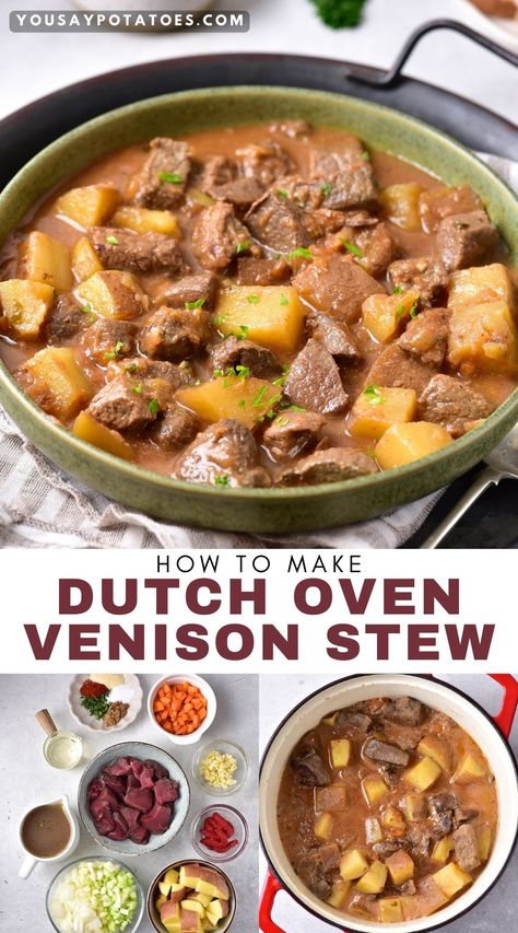 Bowl of stew, ingredients on a table and text: How to make Dutch Oven Venison Stew. Venison Potato Soup, Venison Dutch Oven Recipes, Deer Meat Stew Recipes, Deer Meat Recipes Healthy, Easy Venison Stew, Dutch Oven Venison Stew, Venison Pressure Cooker Recipes, Elk Stew Meat Recipes, Simple Venison Recipes