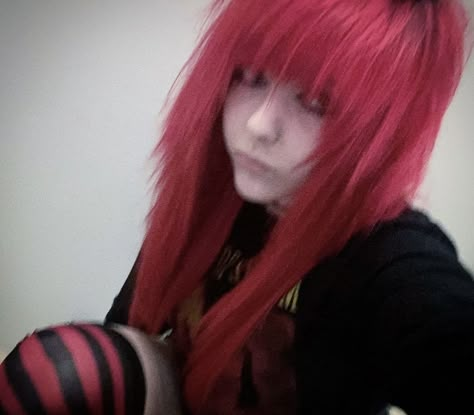 Red fringe bangs haircut Emo Makeup Colorful, Scene Hair Not Styled, Scene Hair With Bangs, Scene Hair Straight Bangs, Rainbow Emo Hair, Emo Split Dyed Hair, Scene Hair Reference, Shag Scene Hair, Scene Hair Middle Part