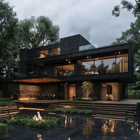 Luxury Villas #exteriordesign #outdoordesign #luxuryhomes #luxuryfurniture #luxurygarden #luxuryhouse #interiordesign #interiordecor #designlovers #luxuryhouse Dark Modern House Exterior, Modern House Backyard, Dark Modern House Interiors, Black Luxury House, Dark Houses, Dark Modern House, Twilight House, Dark Luxury, Glass House Design