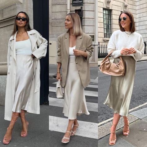 Silk Skirt Outfits, Silk Maxi Skirt Outfit, Cream Skirt Outfit, Beige Dress Outfit, Mid Skirt Outfits, Beige Skirt Outfit, Suit And Skirt, Beige Outfits, Outfits Beige