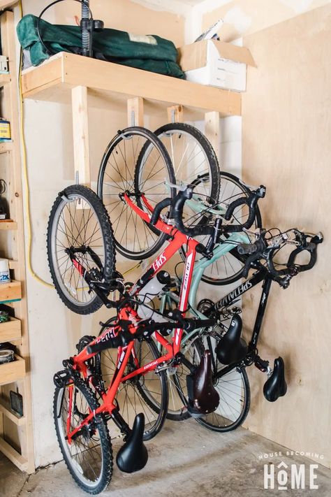 How to Make an Easy and Affordable Space-Saving DIY Bike Rack Diy Bike Storage, Custom Bikes Bicycles, Standing Bike Rack, Bicycle Storage Shed, Rack Velo, Hanging Bike Rack, Garage Velo, Diy Bike Rack, Bike Rack Garage