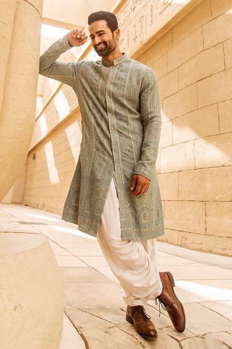 Buy Soniya G- Men Blue Lucknowi Kurta And Salwar Set Online | Aza Fashions Off White Salwar, Kurta Designs Men's, India Fashion Men, White Salwar, Lucknowi Kurta, Indian Wedding Clothes For Men, Mens Indian Wear, Wedding Kurta For Men, Groom Dress Men