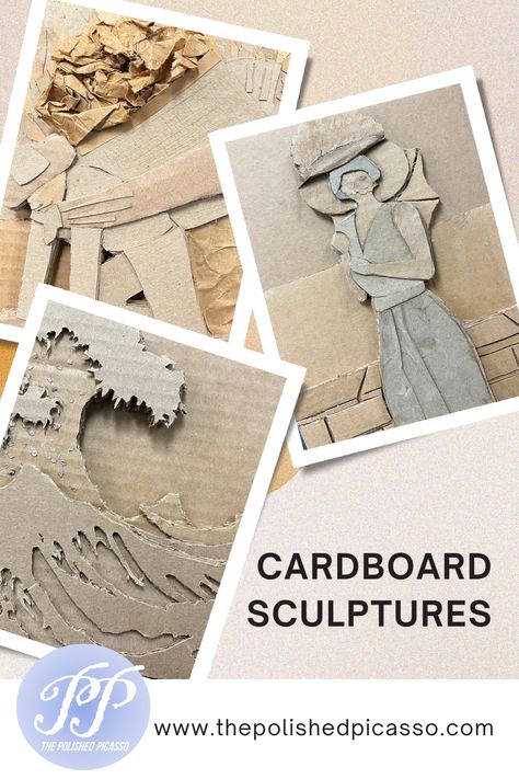 These cardboard relief sculptures make the perfect project for teaching relief sculpture to middle or high school art students. Students recreate a famous artwork of their choice using cardboard and craft paper. This unit teaches students about relief sculpture, art history, cardboard attachment techniques, and creating texture. #cardboardsculptures #highschoolartprojecct #middleschoolartproject #recycledart #cardboardart #artmadeofcardboard #sustainableartprojects #sustainableart #cardboard Cardboard Sculpture High School, 3d Cardboard Art Easy, Cardboard Art Projects High School, Sculpture Art Cardboard, High School Art Sculpture Projects, 6 Grade Art Projects, Studio Art Projects High School, 3d Art Projects For High Schoolers, Middle School Art History Projects