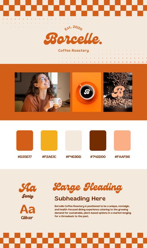 Retro Coffee Brand Design: Beige & Orange Mood Board Ideas Coffee Brand Mood Board, Retro Logo Color Palette, Color Palette For Coffee Brand, Orange Beige Color Palette, Coffee Shop Mockup, Orange Coffee Shop, Coffee Shop Color Palette, Orange Mood Board, Coffee Palette