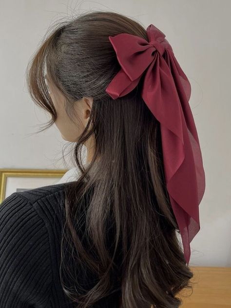 Ribbon Clips Hair, Hair Clips Ribbon, Bow Hair Tie Style, Bow Hairstyles Aesthetic, Hair Ribbon Hairstyles Aesthetic, Bow Accessories Hair, Hairstyle With Hair Bow, Cute Hair Ribbons, Hairstyle For Bow Clip