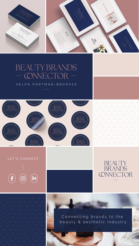 Modern luxury brand design for Beauty Brands Connector. Beauty brand. Beauty branding. Beauty Logo. Minimal logo design. Navy Branding. Navy, Rose Gold and Blush Branding. Navy brand colour palette. Blush brand colour palette. Luxury brand design. Luxury beauty brand. Navy Brand Color Palette, Luxury Fashion Color Palette, Navy Blue Branding Identity, Navy And Pink Branding, Luxury Color Palette Branding Rose Gold, Modern Luxury Color Palette Branding, Navy Gold Palette, Brand Icons Design, Luxury Brand Moodboard