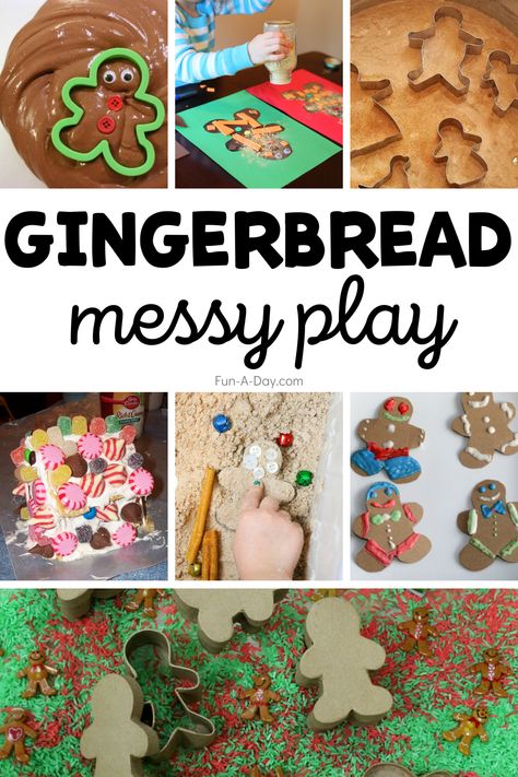 10 gingerbread messy play ideas your kids are going to love! You'll find art, sensory, and science activities perfect for your next gingerbread man theme (or just because)! Click on the Fun-A-Day.com link to read all about it. Gingerbread Activities For Preschool, Gingerbread Man Preschool, Messy Play Ideas, Play Ideas For Kids, Gingerbread Unit, Gingerbread Man Activities, Gingerbread Activities, Gingerbread Theme, Christmas Preschool