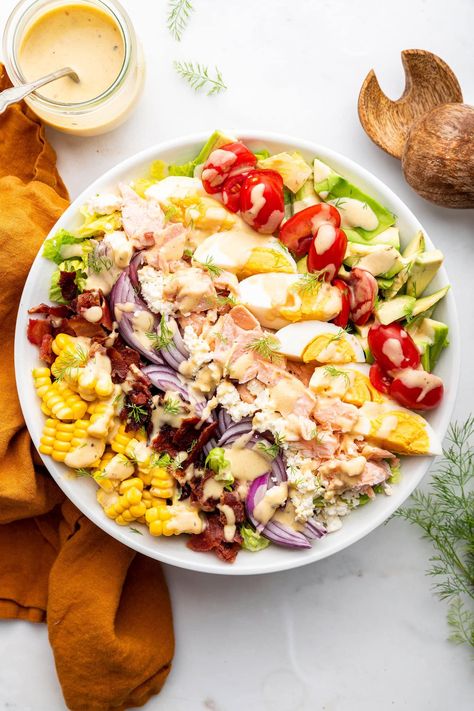 Salmon Cobb Salad Creamy Honey Mustard Dressing, Salmon Cobb Salad, Creamy Honey Mustard, Cobb Salad Ingredients, Cooking Turkey Bacon, Classic Cobb Salad, Cooking Hard Boiled Eggs, Creamy Honey, Eating Bird Food