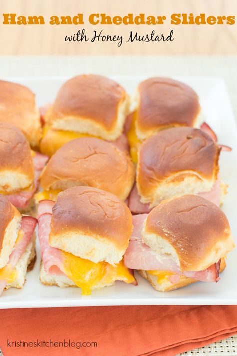 Ham and Cheddar Sliders with Honey Mustard are the perfect make-ahead party food. Who can resist a warm sandwich with melty cheese, salty ham, and sweet honey mustard sauce? Ham And Cheddar Sliders, Grilled Pork Tenderloin Recipes, Chicken Tortilla Casserole, Easy Ham, Ham Sandwiches, Honey Mustard Sauce, Ham And Cheese, Honey Mustard, Yum Yum Chicken