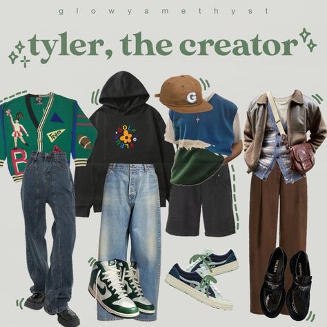 Tylercore Outfits, Tyler The Creator Iconic Outfits, Chromokopiatyler The Creator Outfit, Tyler The Creator Clothes Style, Tyler The Creator Inspo Outfits, Camp Core Aesthetic Outfits, Tyler The Creator Fit Inspiration, Tyler The Creator Outfit Inspo Women, Tyler The Creator Inspired Fits