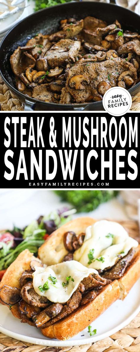 Enjoy this delicious and flavorful steak and mushroom sandwich! I love this sandwich because it has a a yummy steak sauce, thinly sliced steak, and crispy garlic bread! Make it all from scratch or use shortcuts for a busy night on the go. Recipes With Round Steak Meals, Leftover Round Steak Recipes, How To Cook A Round Steak, Round Steak Sandwich Recipes, Recipes With Top Round Steak, Thinly Sliced Top Round Steak, Blue Collar Recipes, Top Round Sirloin Steak Recipes, Beef Round Tip Steak Recipes