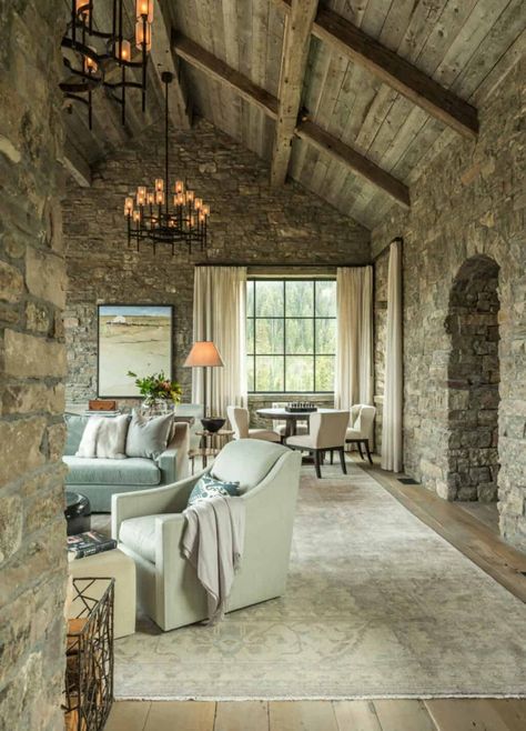 Stone and timber mountain dream house showcases Big Sky views Stone Cottage, Living Room Spaces, Rustic Living, Stone Houses, Stone House, Big Sky, Stone Wall, Interior Design Trends, My Dream Home