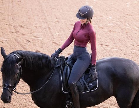 Black Heart Equestrian on Instagram: “Wine and Black ✨. One of our all time favourite combos 🖤❤️” Horse With Girl, Horse Riding Outfit Women, Equestrian Style Outfit, English Riding Outfit, Black Heart Equestrian, Erin Williams, Woman Riding Horse, Horse Riding Aesthetic, Horseback Riding Outfits