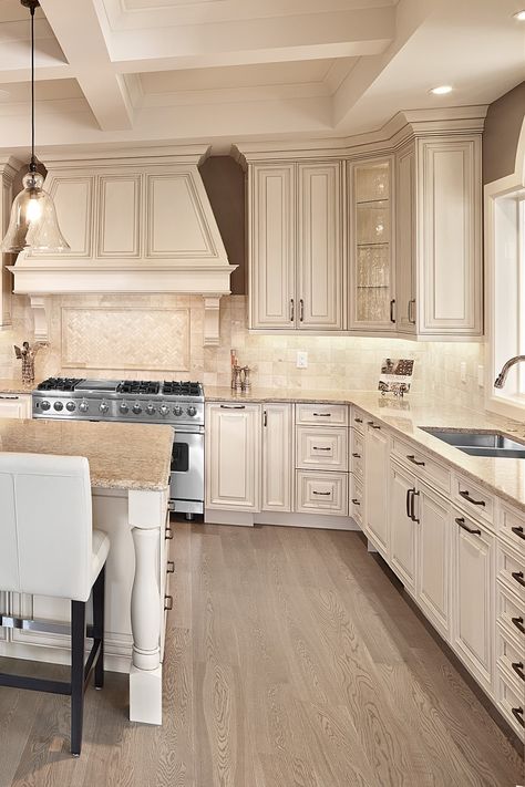 Cream Kitchen With Marble Countertops, White Cabinet Tan Granite, Off White Antique Kitchen Cabinets, Stone Backsplashes Kitchen, Ivory Glazed Kitchen Cabinets, French Country Kitchen Cabinets Cream, Light Cream Cabinets Kitchen, French White Kitchen Cabinets, Traditional Kitchen Countertops