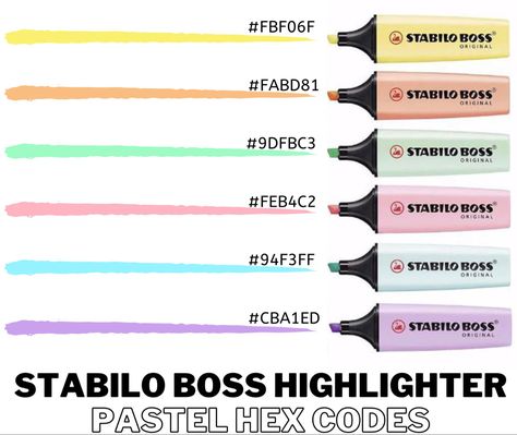 Picture of six stabilo boss highlighters along with a swatch of their color and hex code that correlates with each highlighter Pastel Highlighter Hex Codes, Stabilo Highlighters Hex Code, Notes Color Palette, Good Notes Color Palette, Highlighters Stabilo, Stabilo Boss Highlighters, Stabilo Highlighters, Stabilo Pastel Highlighter, Urban Color Palette