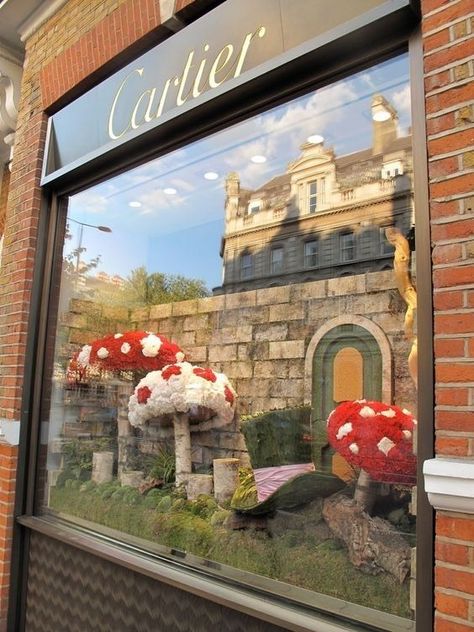 Enchanted Forest Window Display, Antique Window Display, Rain Window Display, Nature Window Display, Mushroom Window Display, Autumn Window Display Retail, Fall Store Window Displays, Mushroom Display, Fall Store Displays