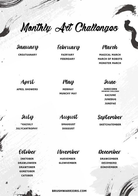 Monthly Art Challenges [ULTIMATE LIST] - BrushWarriors Art For Art Block, Art Challenges Ideas, Drawing List Ideas, Art Mediums List, May Art Challenge, Month Art Challenge, December Art Challenge, Monthly Drawing Challenge, Art Challenge Ideas