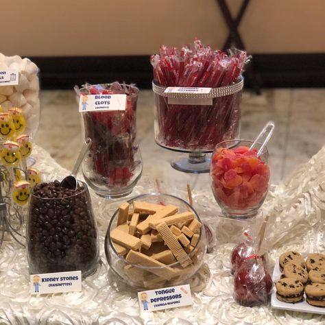 All the details from our candy table for a nurse retirement party! 👩‍⚕️ 🍬 #coliescreations #nurse #retirement #thursdayisthenewfriday… Medical Candy Bar Party Ideas, Nurse Candy Ideas, Nurse Dessert Table, Nurse Retirement Party Ideas, Grad Party Candy, Nurse Goals, Cna Week, Nurse Grad Parties, Nursing Party