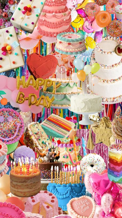 #happybirthday #birthday #cake #party #decor #bright #colorful Colorful Birthday Party Aesthetic, Birthday Theme Wallpaper, Cute Birthday Wallpaper Aesthetic, Colorful 21st Birthday Party, Vintage Birthday Aesthetic, Birthday Collage Aesthetic, Birthday Shuffle, Birthday Iphone Wallpaper, Birthday Background Aesthetic