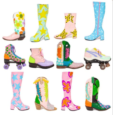 Painted Cowboy Boots, Aesthetic Cowgirl Boots, Boots Outfit Jeans, Cowgirl Boots Outfit Summer, Boots Outfit Summer, Disco Boots, 60s Disco, Rubber Boots Fashion, Aesthetic Cowgirl