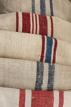 Drop Cloth Projects, Linen Stripes, Cloth Curtains, Vintage Grain Sack, Grain Sack Fabric, Drop Cloth Curtains, Fabric Diy, Kitchen Door, French Fabric