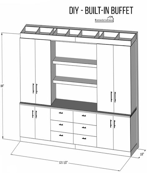 DIY - Built-In Buffet - Remodelando la Casa Diy Built In Buffet, Kitchen Built In Hutch, Built In Kitchen Hutch, Dining Room Built In Cabinets, Buffet Built In, Built In Sideboard, Dining Room Built Ins, Simple Dining Room, Dining Room Built In