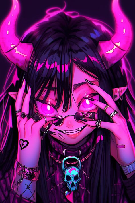 Oni Art Demons, Demon Girl Pfp, Anime Demon Pfp, Silver Wolf Wallpaper, Demon Pfp, Pink Pfps, Oni Art, Demon Aesthetic, Vampire Drawings