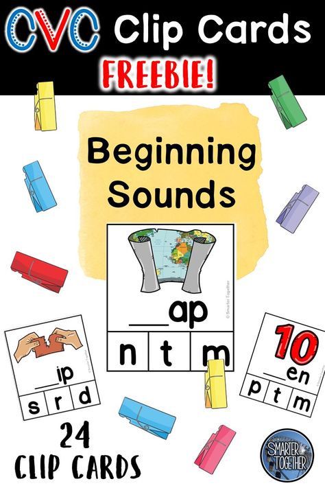 Free! 24 beginning sound clip card activities perfect for literacy centers, independent practice, or RTI groups! With these cards, students practice reading CVC words and isolating and identifying sounds in the words.  Make these self-checking in seconds by adding a dot or sticker to the back of the correct answer choice!  #1stgrade #kindergarten #cvc #readingcenters Middle Sounds Worksheet, Cvc Practice, Phonics Cvc, Cvc Activities, Cvc Word Activities, Decoding Words, Learning Printables, Cvc Word, Beginning Sound