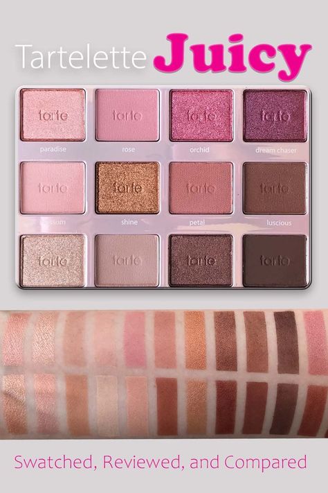 Swatches, Review, and comparison to other similar palettes. Tartelette Juicy has lots of cute pink eyeshadows. Great for summer looks! Tarte Juicy Palette, Pink Eye Shadow Palette, Tarte Juicy Palette Looks, Tartelette Juicy Palette Looks, Tartlette Palette, Makeup Content, Pink Eyeshadow Palette, Tartelette In Bloom, Rose Eyeshadow