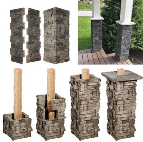 Front Porch Pillars, Porch Renovation, Front Porch Stone, Front Porch Posts, Porch Pillars, Front Porch Columns, Mailbox Landscaping, Property Ideas, Porch Remodel