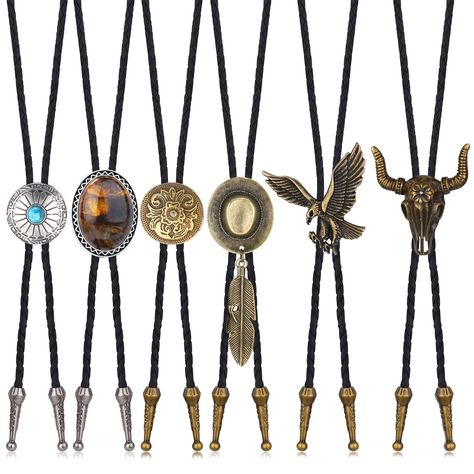 PRICES MAY VARY. Leather 【BOLO TIES FOR MEN WESTERN】 You will receive 6pcs diffirent style bolo ties in one set, including cow skull bolo tie, western eagle bolo tie, natural tiger eye stone bolo tie, turquoise bolo ties, texas star bolo tie necktie, etc. Fashion and classic design, full of baroque style, perfect jewelry accessories to match your clothes, easy to show your unique personality. 【COWBOY TIES FOR MEN】 The necktie rope is a hand braided leather type material, comfortable to wear, won Bola Tie, Western Bolo Tie, Western Town, Native American Necklace, Texas Star, Bolo Ties, Ties For Men, Tie For Men, Baroque Style