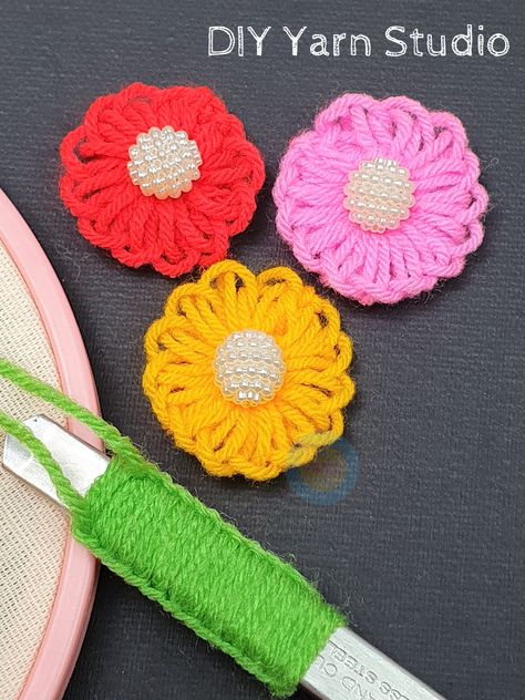 Woolen Flower Making, Crochet Top Free Pattern, Loom Flowers, Summer Top Crochet, Ribbon Flowers Diy, Woolen Flower, Woolen Craft, Baby Headbands Crochet, Embroidery Lessons