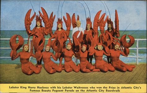 Lobster King Harry Hackney With His Lobster Waitresses, Ha… | Flickr Lobster Costume, Atlantic City Boardwalk, Lobster Art, Atlantic City New Jersey, City Postcard, Photo Postcard, Atlantic City, Photo Postcards, Art Studies