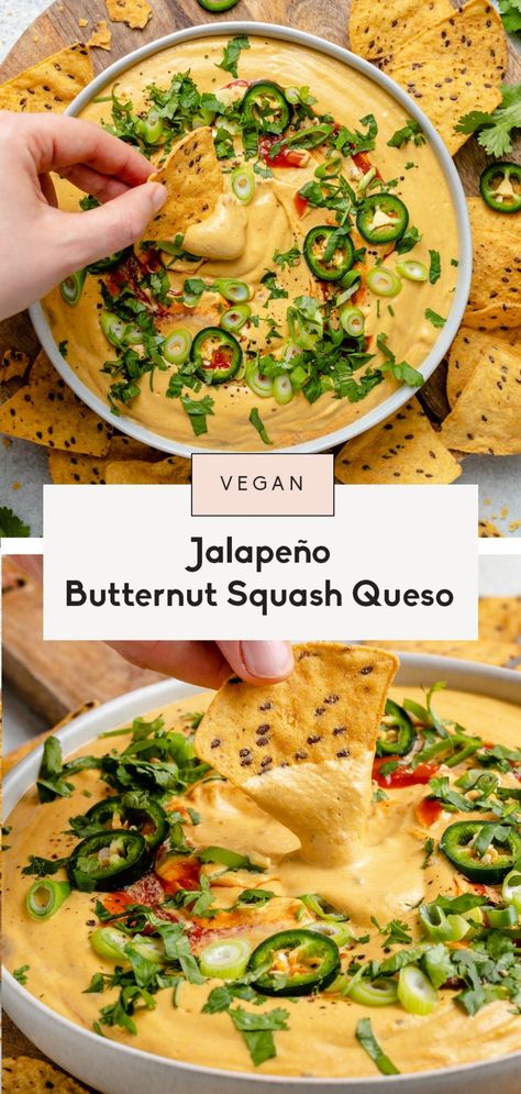 Amazing vegan butternut squash queso filled with incredible flavor from roasted butternut squash, jalapeño, your fav salsa and tons of warming spices. This fall-inspired vegan queso recipe is the perfect way to use up extra butternut squash and is delicious served with chips, on nachos, in quesadillas and more! #butternutsquash #queso #dip #vegan #appetizer #gameday #dairyfree Butternut Squash Queso, Vegan Football Food, Vegan Game Day Recipes, Vegan Fall Appetizers, Vegan Salsa Recipe, Squash Appetizer, Vegan Cashew Cheese Sauce, Food Healing, Fiesta Food