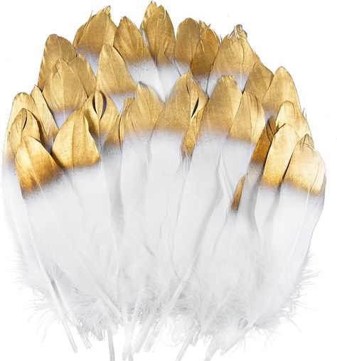 Amazon.com: UNEEDE Gold Tipped White Feathers, 50 PCS Natural Goose Feathers for DIY Wedding Decorations, Angel Wings & Fairy Crafts Wings Fairy, Diy Cosplay, Diy Wings, Mascaras Halloween, Boda Diy, Fairy Crafts, Feather Decor, Turkey Feathers, Wedding Party Supplies