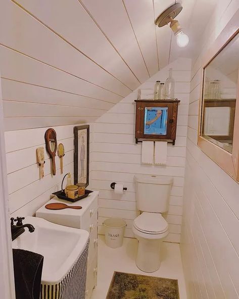 Slanted Wall Bathroom Ideas, Slopped Roof Bathroom, Tiny Attic Bathroom Ideas Slanted Ceiling, Small Dormer Bathroom Ideas, Low Sloped Ceiling Bathroom, Short Ceiling Bathroom, Half Bath With Slanted Ceiling, Slanted Wall Bathroom, Slant Ceiling Bathroom