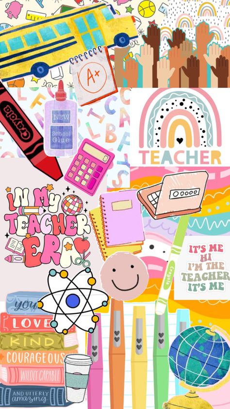 A collage of all things teaching! This one is for my sister who’s a first grade teacher! Hope someone else can use it too :) Ipad Teacher, Back To School Wallpaper, Teacher Wallpaper, Teacher Aesthetic, Iphone Wallpaper Vsco, Girly Wallpapers, School Scrapbook, Wallpaper Stickers, Vsco Girl