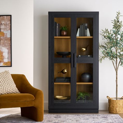 Better Homes & Gardens Ezra Bookcase, Rich Black finish - Walmart.com Bookshelf With Storage, Bookshelves With Glass Doors, Display Cabinets, Bookcases In Living Room, Black Cabinet, Home Storage, Glass Cabinet Decor, Black Bookcase, Modern Storage Cabinet