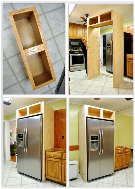 Cabinet On Top Of Fridge, Side Of Fridge Storage Diy, Cabinets On Side Of Fridge, Build Around Refrigerator, Storage Ideas For Small Spaces Rental, Fridge Built In Cabinet Diy, Diy Cabinet Over Fridge, Over The Fridge Cabinet Ideas, Diy Oven Cabinet