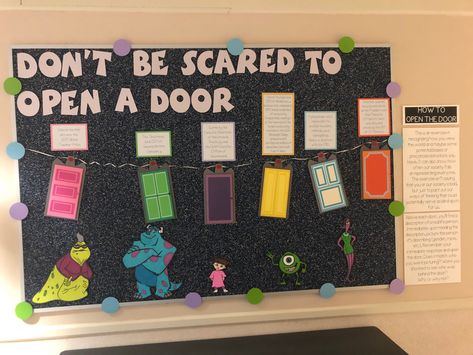 Community Themed Bulletin Boards, Disney Door Decs Resident Assistant, Monsters Inc Ra Bulletin Board, Disney Bulletin Boards College, Monsters Inc Door Decs, Monster Inc Bulletin Board, Monsters University Bulletin Board, Dorm Hallway Themes, Monsters Inc Ra Theme