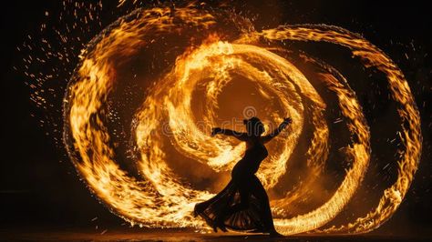 A fire dancer twirls gracefully, flames swirling around their body. stock photos Fire Twirling, Fire Performer, Fire Dancing, Vector Mountain, Fire Dancer, A Fire, Music Video, Swirl, Dancing