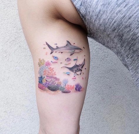 Coral Tattoo, Ocean Theme Tattoos, Sea Life Tattoos, Animal Tattoos For Women, Summer Tattoo, Theme Tattoo, Ocean Tattoos, Shark Tattoos, Tatuaje A Color