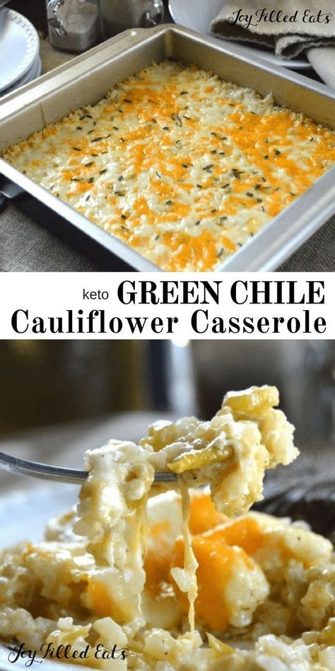 Green Chile Cauliflower Casserole - Cauliflower Rice Bake - Low Carb, Keto, Gluten-Free, Grain-Free, THM S - This easy side is a low carb remake of an old favorite. Creamy, cheesy & packed with green chile flavor - Texas comfort food at its best! #lowcarb #lowcarbrecipes #lowcarbdiet #keto #ketorecipes #ketodiet #thm #trimhealthymama #glutenfree #grainfree #glutenfreerecipes #recipes Keto Cauliflower Casserole, Cauliflower Casserole, Buffalo Cauliflower, Low Carb Sides, Keto Side Dishes, Awesome Recipes, Vegan Keto, Recipes Crockpot, Green Chile