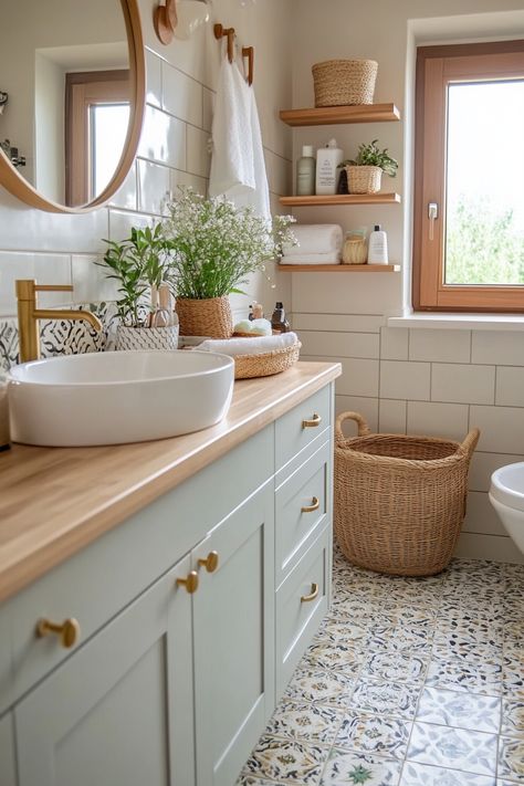 Adding Boho Decor to Your Bathroom Can Make It Much More Relaxing – Everyday Inspo Bathroom Relaxing Decor, Bathroom Decor Inspo Aesthetic, Boho Chic Restroom, Warm Cozy Bathroom Ideas, Minimalist Boho Bathroom, Small Cottage Bathroom Ideas, Boho Chic Bathroom Ideas, Small Bathroom Boho, Bathroom Ideas Country