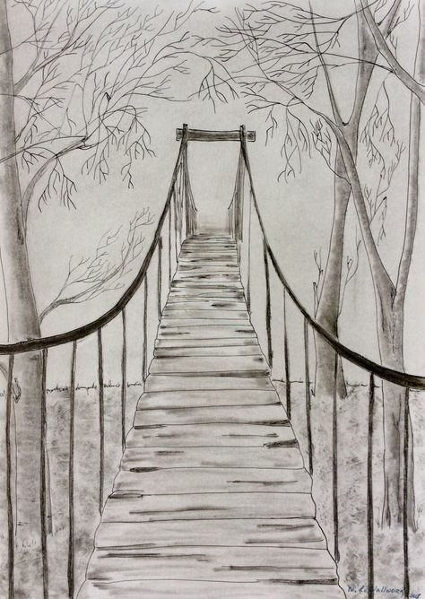 Bridge Reference Drawing, Old Bridge Painting, Old Bridge Drawing, Rope Bridge Drawing, Meghalaya Drawing, Sketch Ideas Scenery, Bridge Drawing Sketches, How To Draw A Bridge, Bridge Sketch Simple